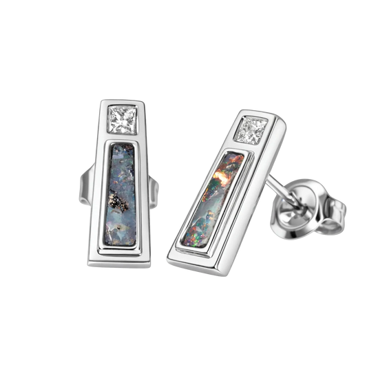 Boulder Opal Earrings in 14K White Gold - Multicolour - Australian Opal Cutters and Pearl Divers