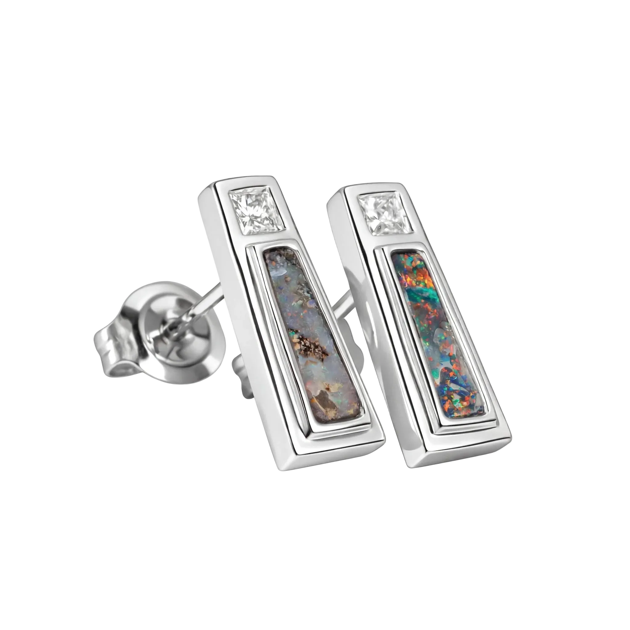 Boulder Opal Earrings in 14K White Gold - Multicolour - Australian Opal Cutters and Pearl Divers