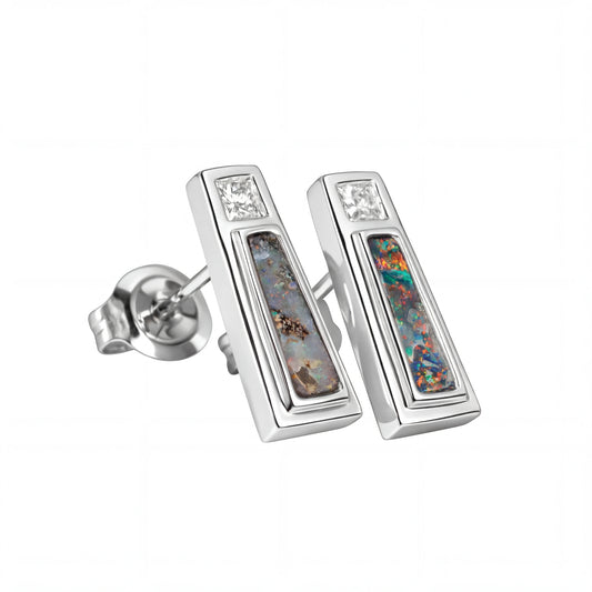 Boulder Opal Earrings in 14K White Gold - Multicolour