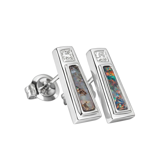 Boulder Opal Earrings in 14K White Gold - Multicolour - Australian Opal Cutters and Pearl Divers