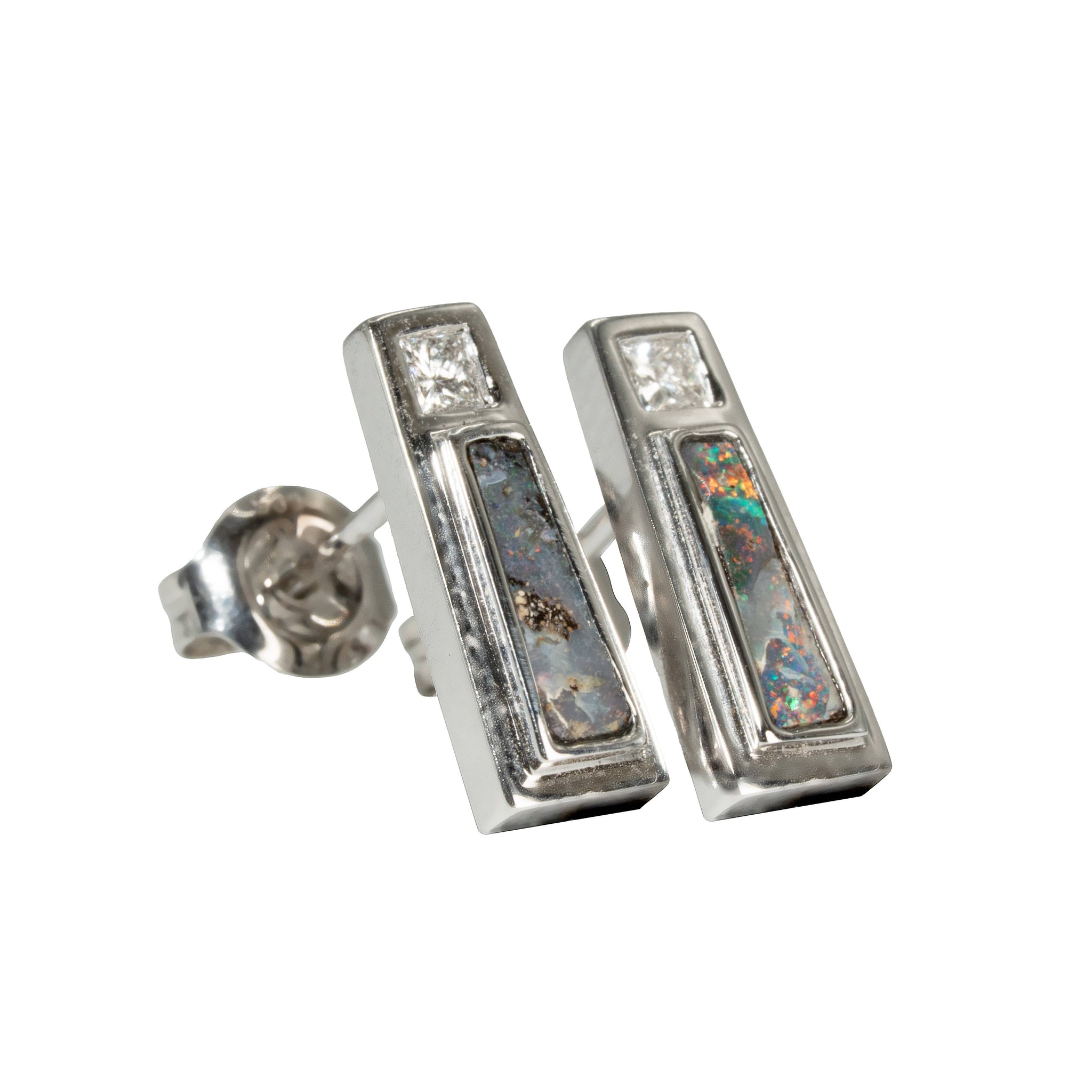 Boulder Opal Earrings in 14K White Gold - Multicolour