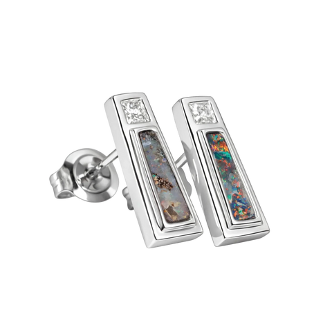 Boulder Opal Earrings in 14K White Gold - Multicolour - Australian Opal Cutters and Pearl Divers