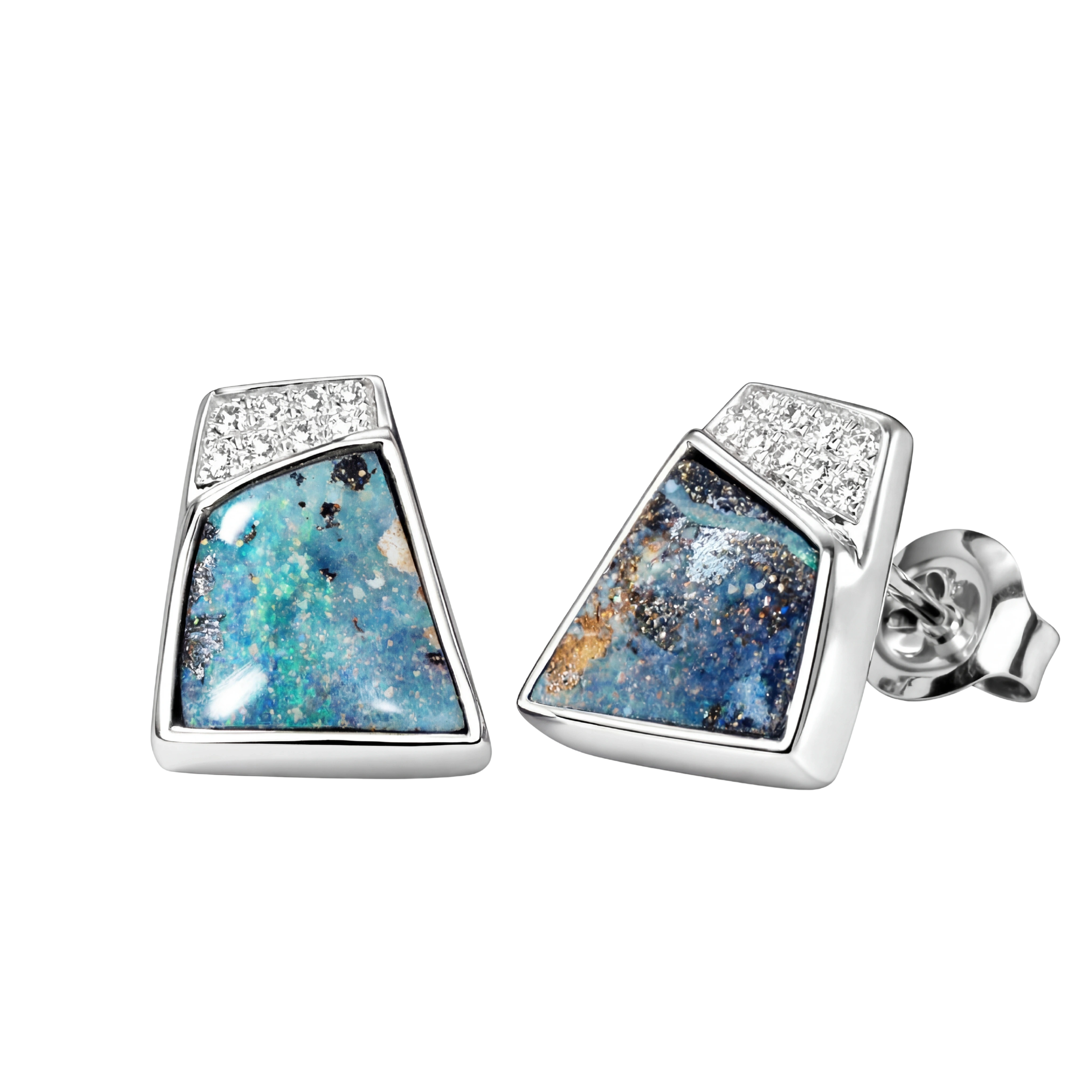 Boulder Opal Earrings in 14K White Gold - Multicolour - Australian Opal Cutters and Pearl Divers