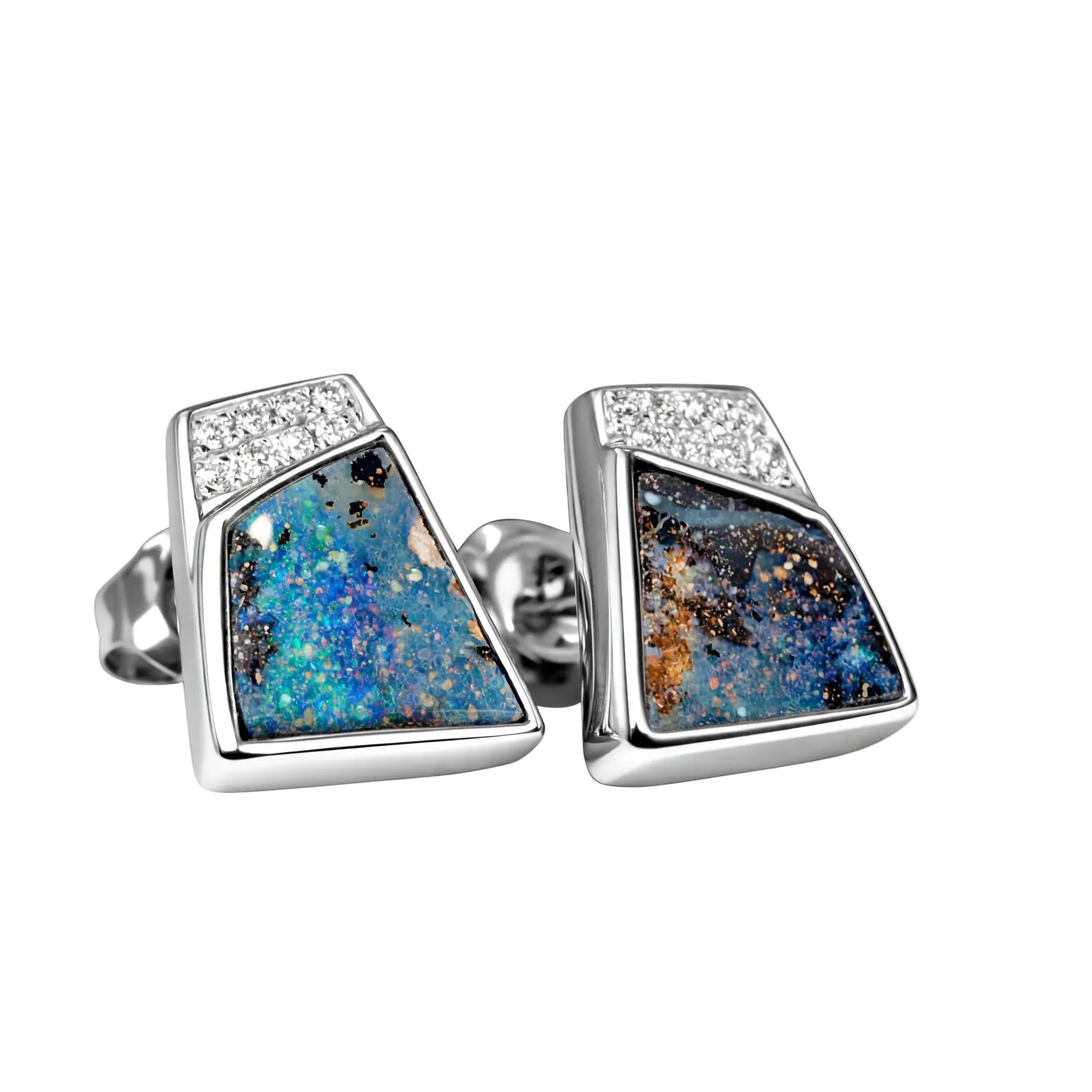 Boulder Opal Earrings in 14K White Gold - Multicolour - Australian Opal Cutters and Pearl Divers