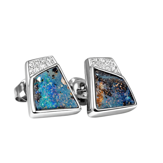 Boulder Opal Earrings in 14K White Gold - Multicolour - Australian Opal Cutters and Pearl Divers