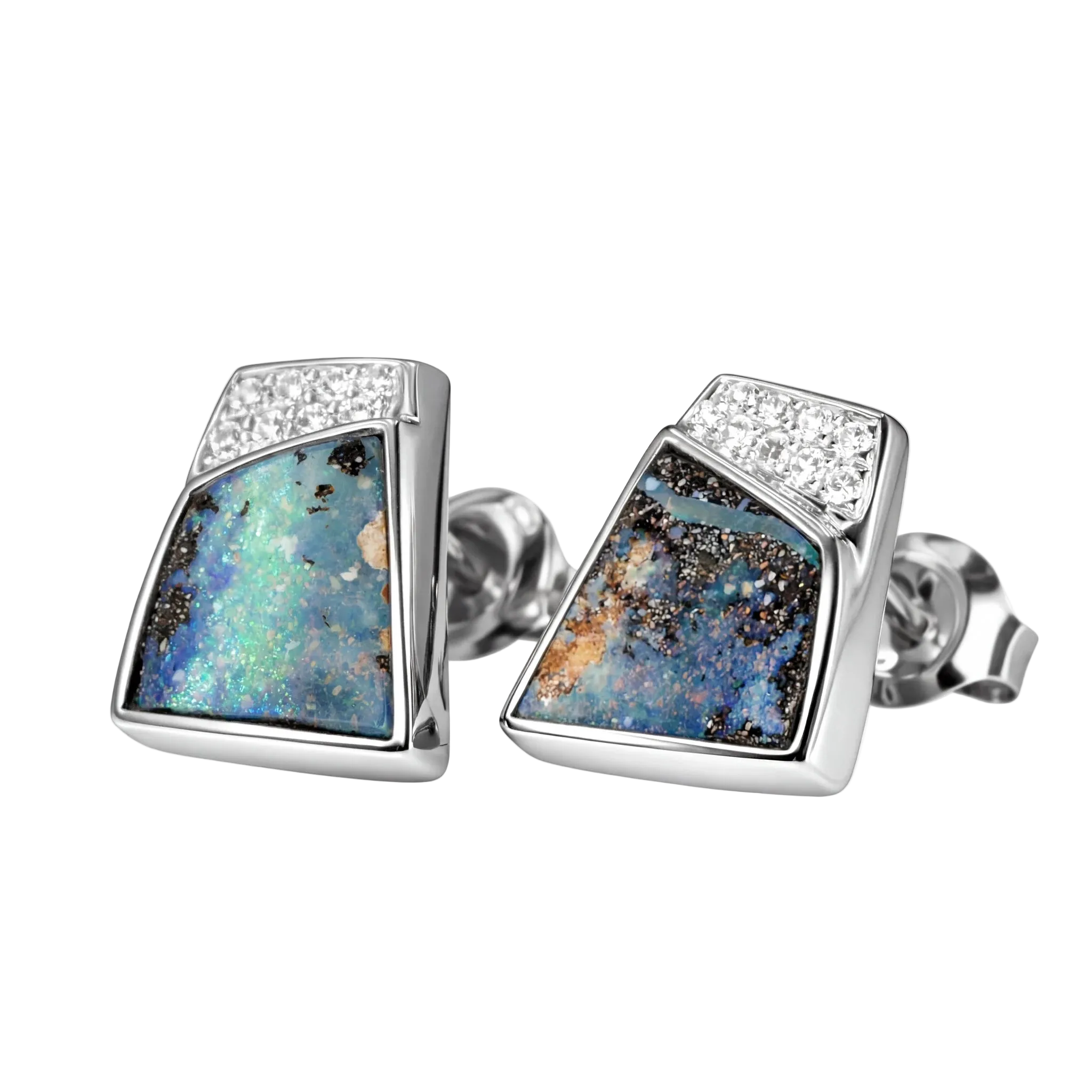 Boulder Opal Earrings in 14K White Gold - Multicolour - Australian Opal Cutters and Pearl Divers