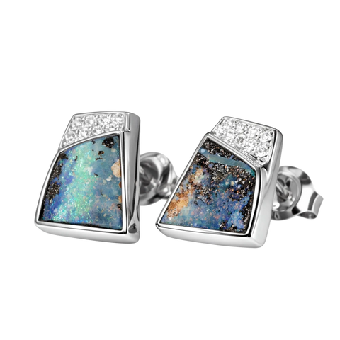 Boulder Opal Earrings in 14K White Gold - Multicolour - Australian Opal Cutters and Pearl Divers