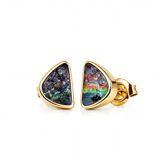 Boulder Opal Earrings in 14K Yellow Gold - Multicolour - Australian Opal Cutters and Pearl Divers