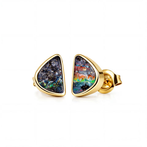 Boulder Opal Earrings in 14K Yellow Gold - Multicolour - Australian Opal Cutters and Pearl Divers
