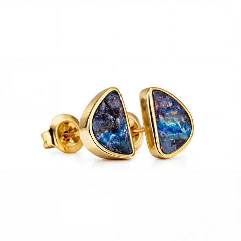 Boulder Opal Earrings in 14K Yellow Gold - Multicolour - Australian Opal Cutters and Pearl Divers