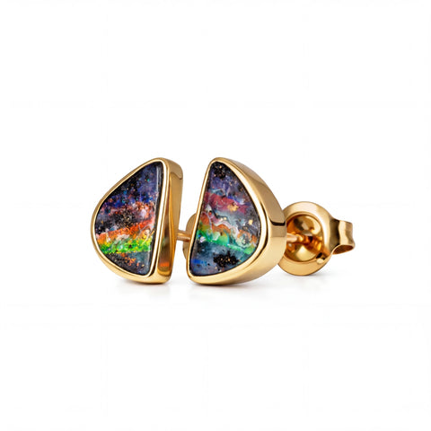Boulder Opal Earrings in 14K Yellow Gold - Multicolour - Australian Opal Cutters and Pearl Divers