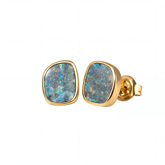 Boulder Opal Earrings in 14K Yellow Gold - Multicolour