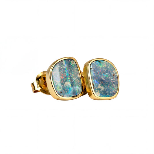 Boulder Opal Earrings in 14K Yellow Gold - Multicolour - Australian Opal Cutters and Pearl Divers
