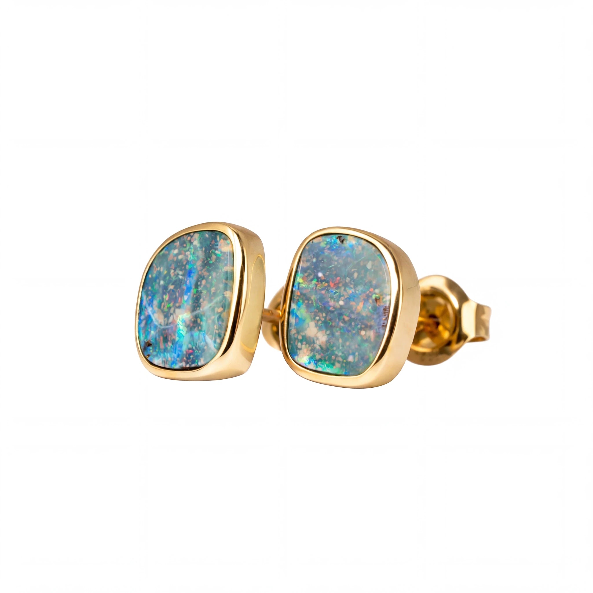 Boulder Opal Earrings in 14K Yellow Gold - Multicolour - Australian Opal Cutters and Pearl Divers