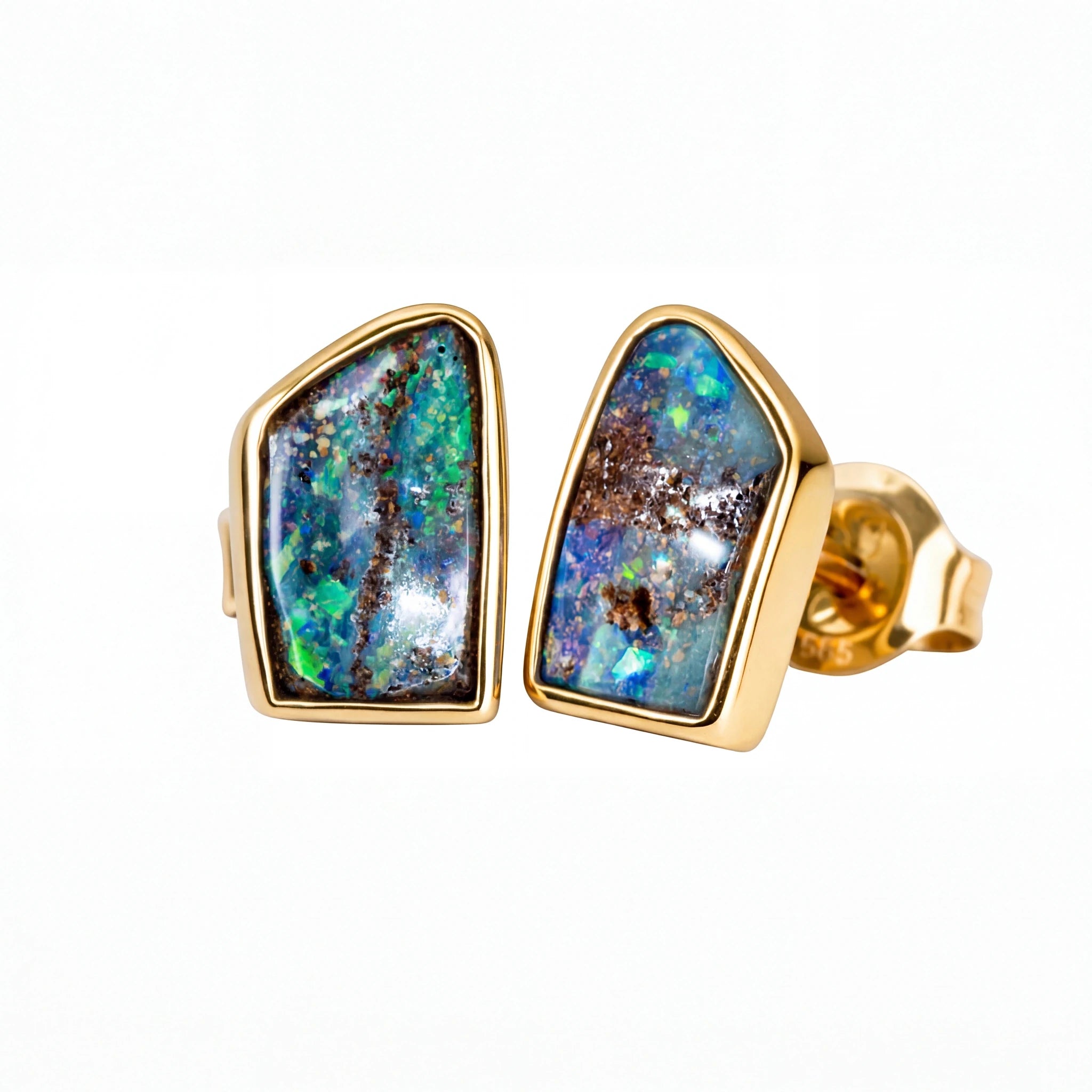Boulder Opal Earrings in 14K Yellow Gold - Green-Blue - Australian Opal Cutters and Pearl Divers
