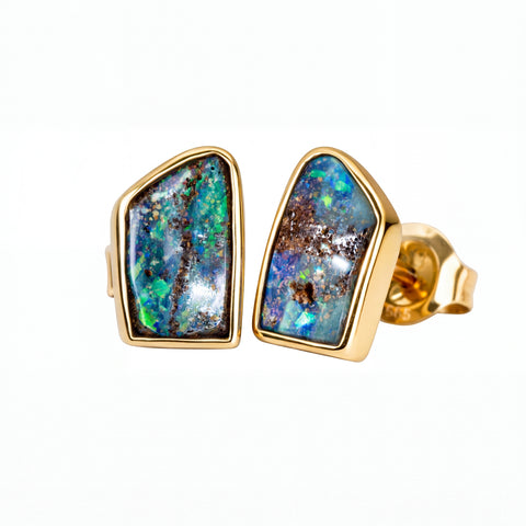 Boulder Opal Earrings in 14K Yellow Gold - Green-Blue