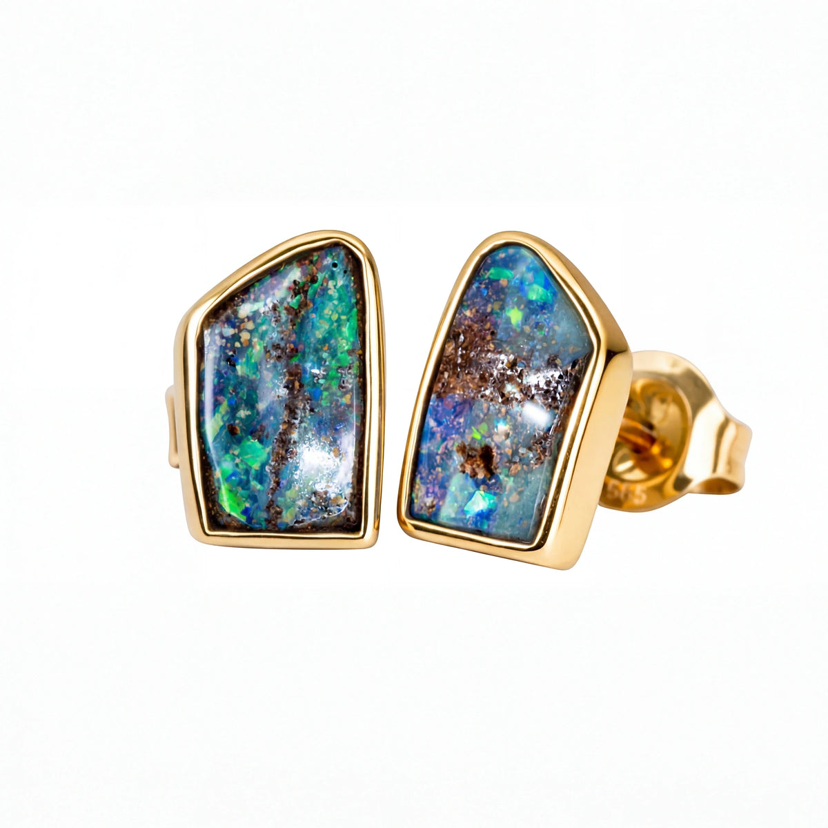 Boulder Opal Earrings in 14K Yellow Gold - Green-Blue - Australian Opal Cutters and Pearl Divers
