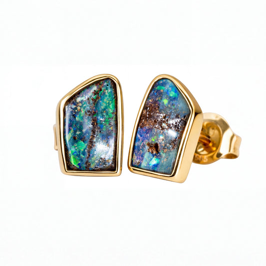Boulder Opal Earrings in 14K Yellow Gold - Green-Blue - Australian Opal Cutters and Pearl Divers