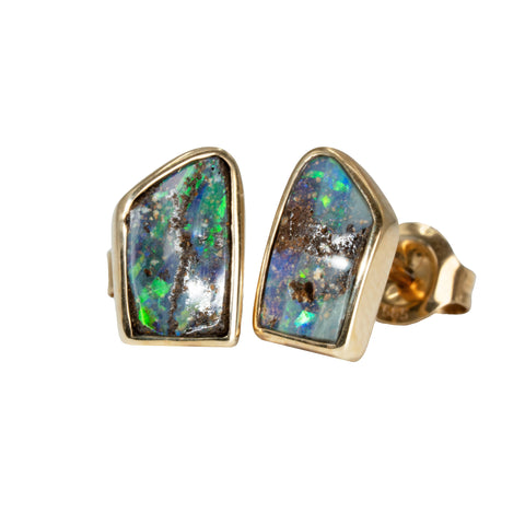 Boulder Opal Earrings in 14K Yellow Gold - Green-Blue