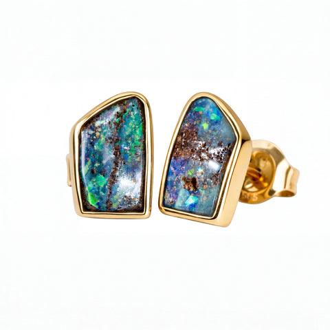 Boulder Opal Earrings in 14K Yellow Gold - Green-Blue - Australian Opal Cutters and Pearl Divers