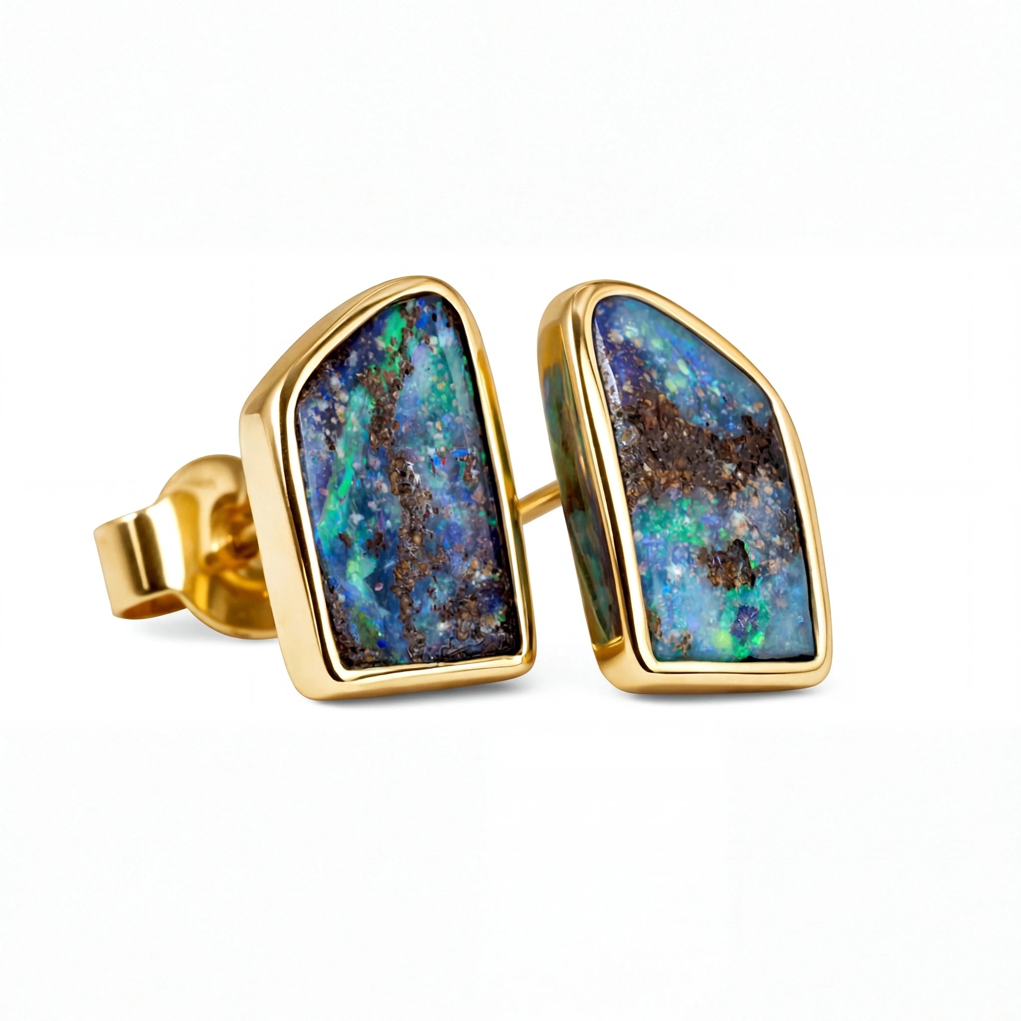 Boulder Opal Earrings in 14K Yellow Gold - Green-Blue - Australian Opal Cutters and Pearl Divers