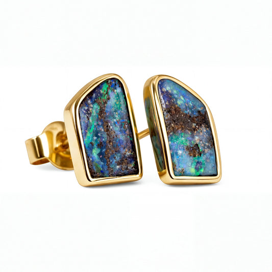 Boulder Opal Earrings in 14K Yellow Gold - Green-Blue - Australian Opal Cutters and Pearl Divers