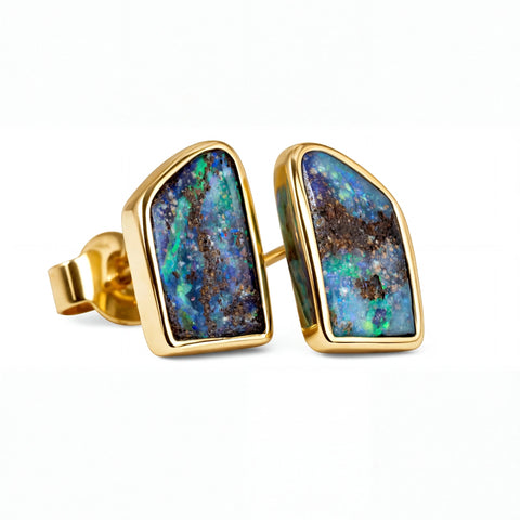 Boulder Opal Earrings in 14K Yellow Gold - Green-Blue - Australian Opal Cutters and Pearl Divers