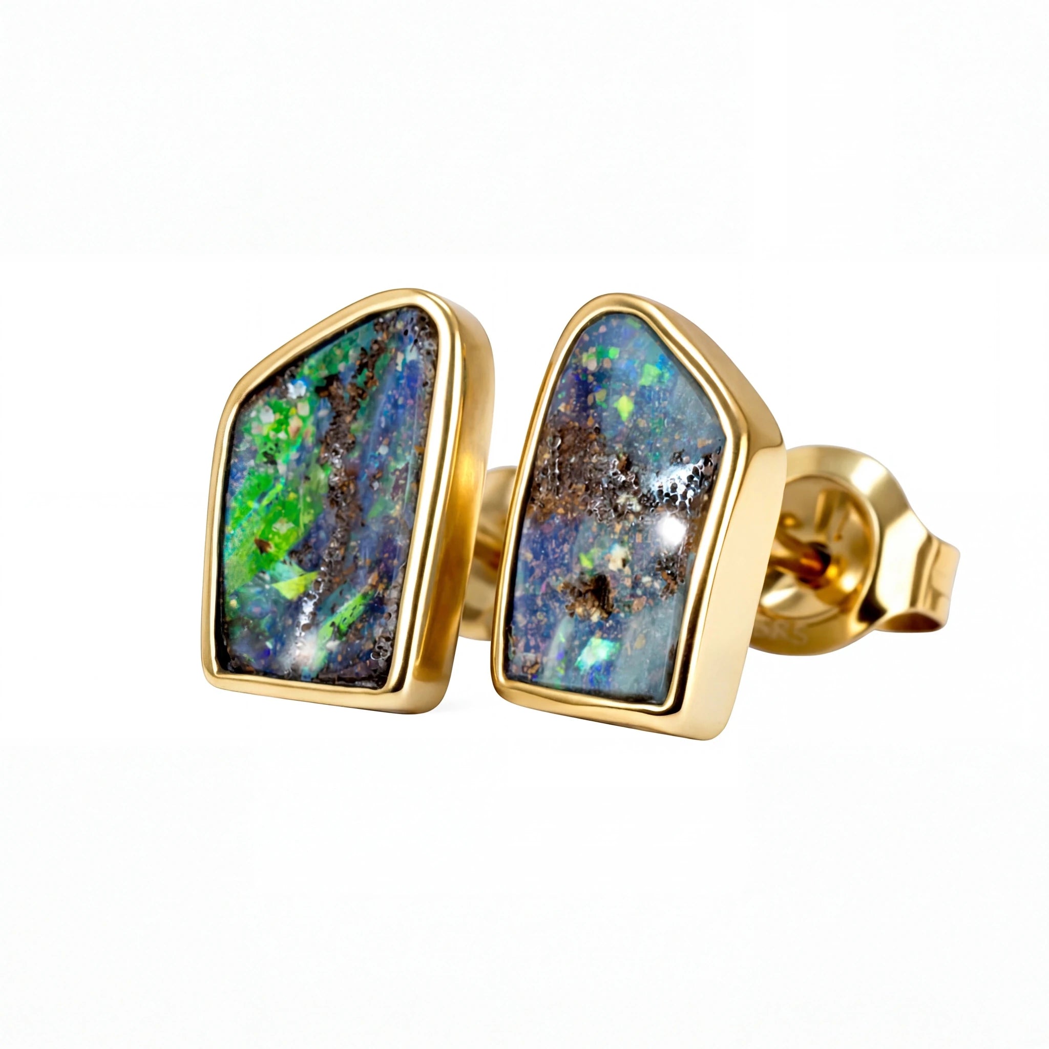 Boulder Opal Earrings in 14K Yellow Gold - Green-Blue - Australian Opal Cutters and Pearl Divers