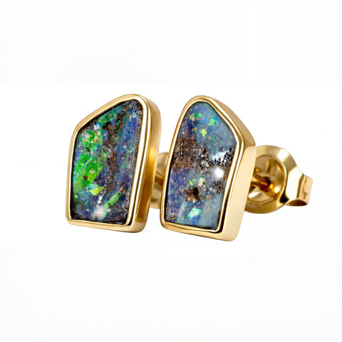 Boulder Opal Earrings in 14K Yellow Gold - Green-Blue