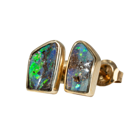 Boulder Opal Earrings in 14K Yellow Gold - Green-Blue