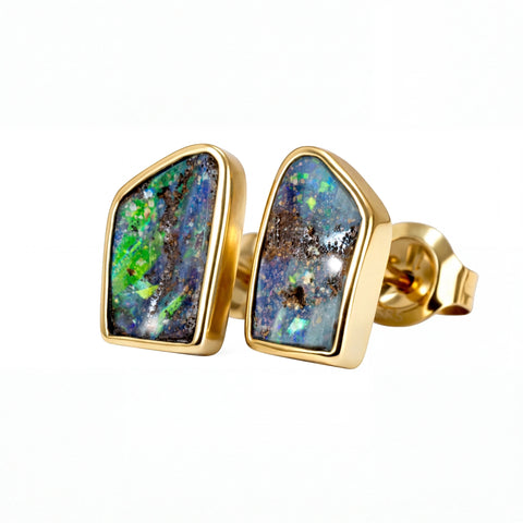Boulder Opal Earrings in 14K Yellow Gold - Green-Blue - Australian Opal Cutters and Pearl Divers