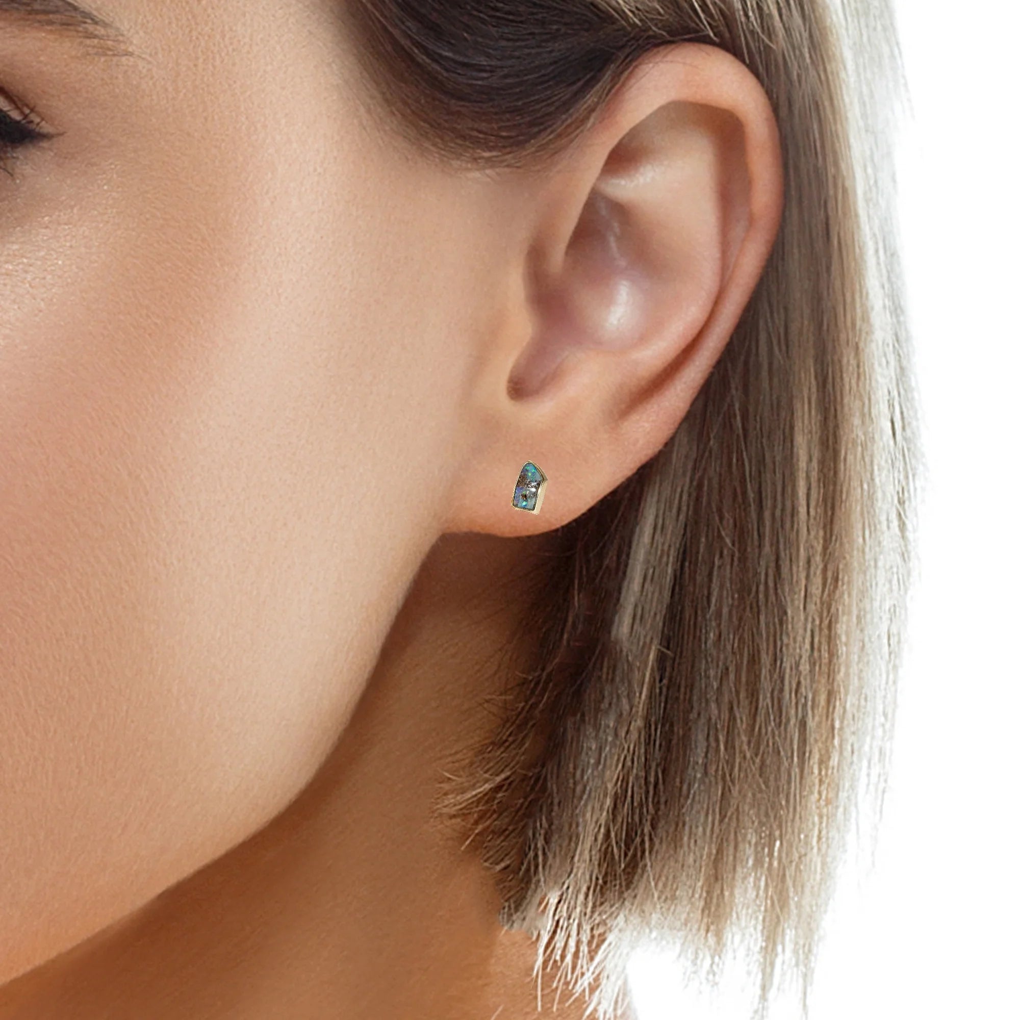 Boulder Opal Earrings in 14K Yellow Gold - Green-Blue