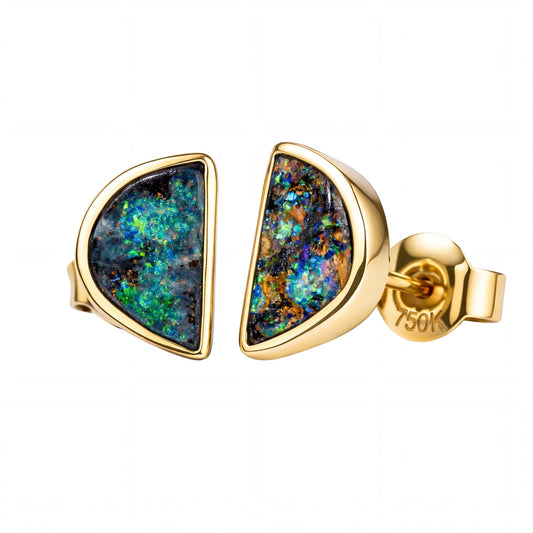 Boulder Opal Earrings in 14K Yellow Gold - Green-Blue - Australian Opal Cutters and Pearl Divers