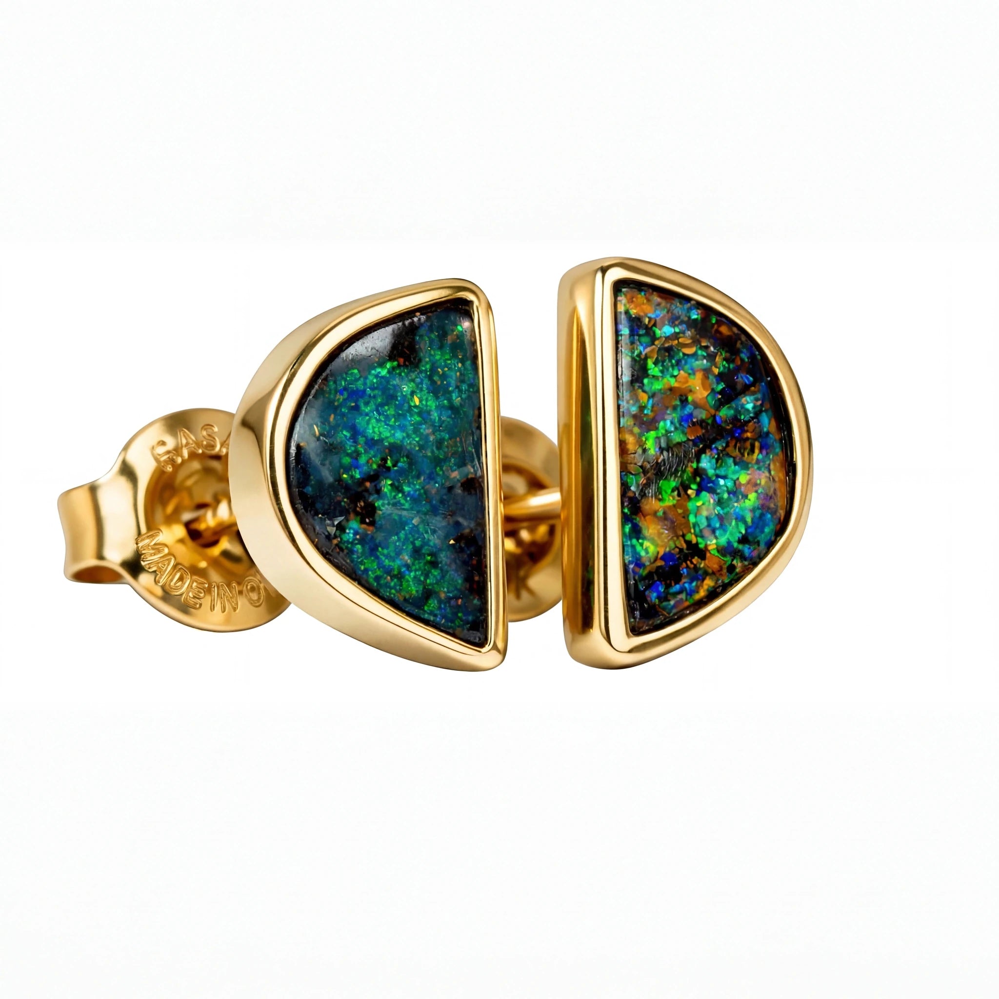 Boulder Opal Earrings in 14K Yellow Gold - Green-Blue - Australian Opal Cutters and Pearl Divers
