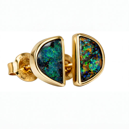 Boulder Opal Earrings in 14K Yellow Gold - Green-Blue - Australian Opal Cutters and Pearl Divers