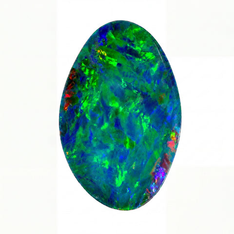 A polished oval-cut opal gemstone displaying vibrant iridescent colours including green, blue, and hints of red and purple, set against a plain white background.
