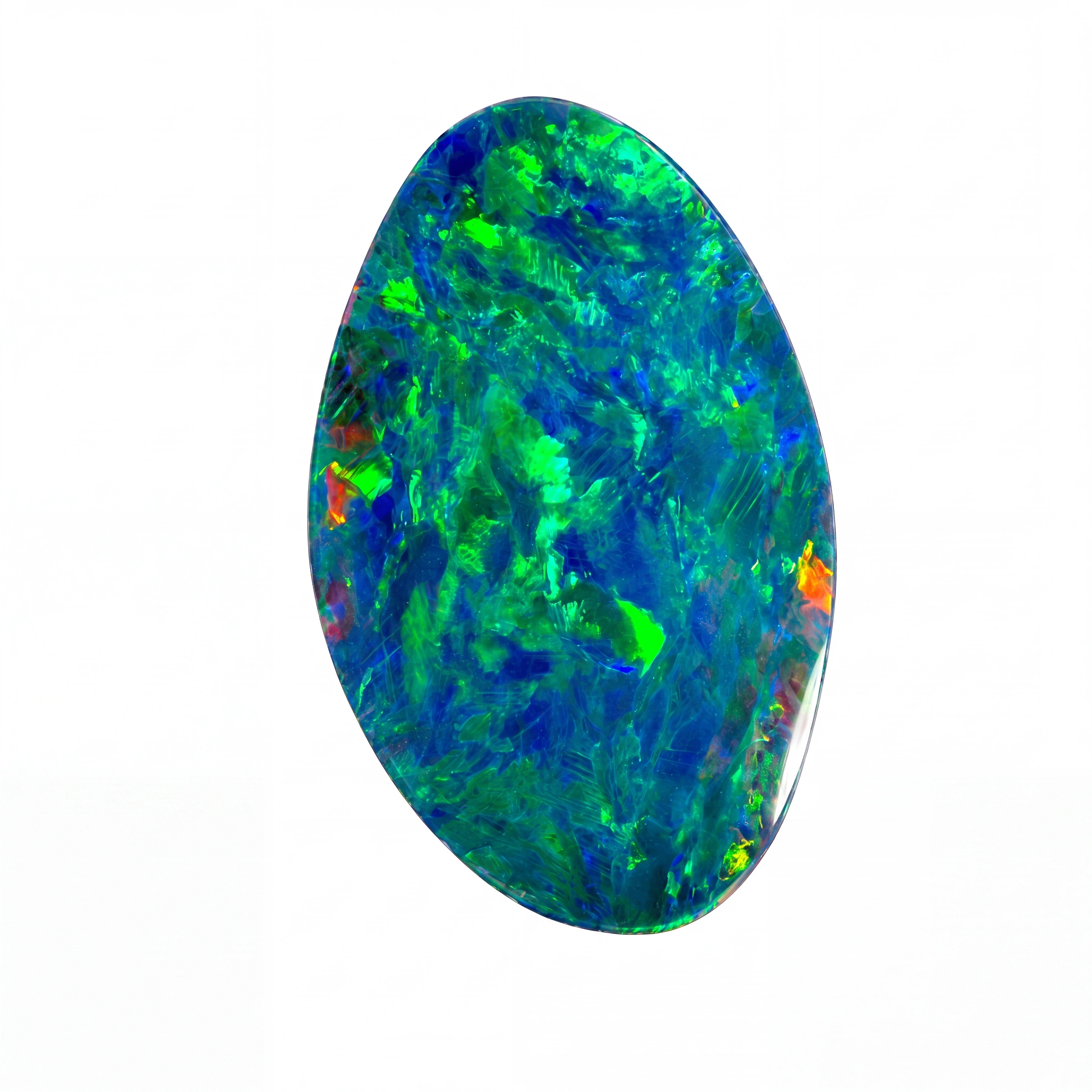 A polished oval-cut opal gemstone displaying vibrant iridescent colours of blue, green, and hints of orange and yellow, set against a plain white background.