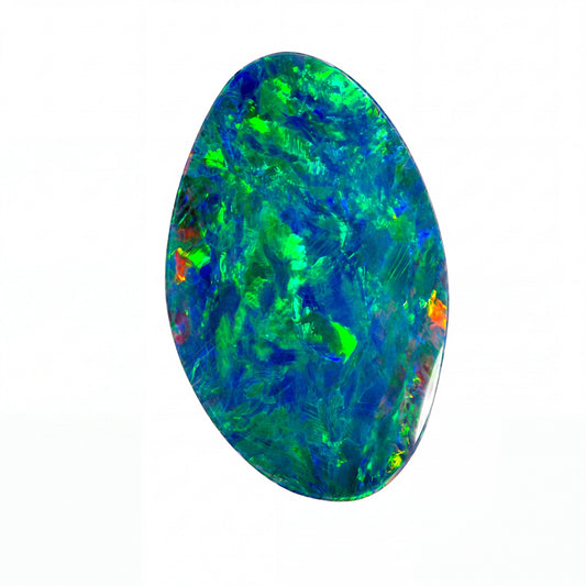 A polished oval-cut opal gemstone displaying vibrant iridescent colours of blue, green, and hints of orange and yellow, set against a plain white background.