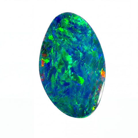 A polished oval-cut opal gemstone displaying vibrant iridescent colours of blue, green, and hints of orange and yellow, set against a plain white background.