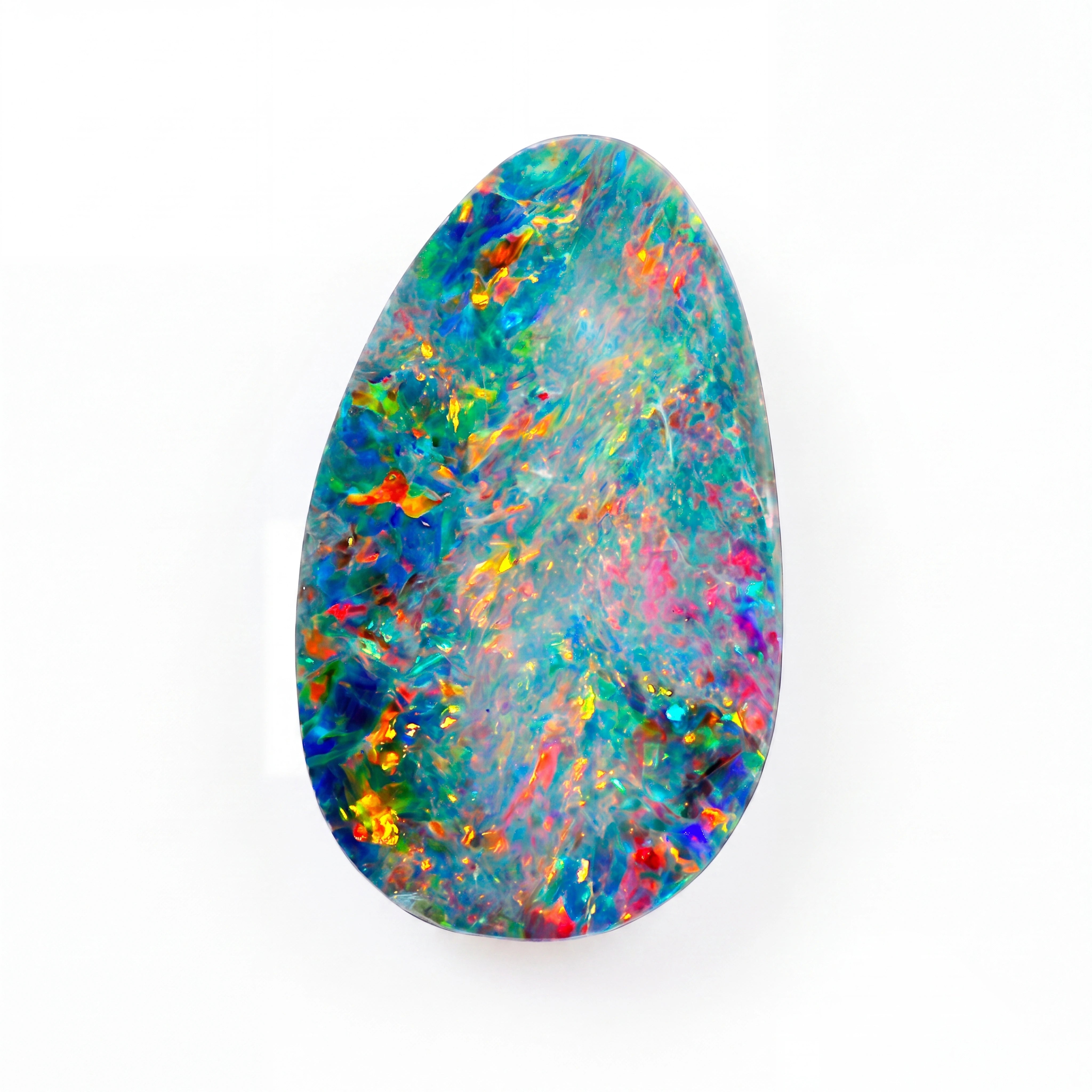 A teardrop-shaped natural opal gemstone displaying a vibrant mix of blue, green, orange, yellow, pink, and red iridescent colors on a solid white background.