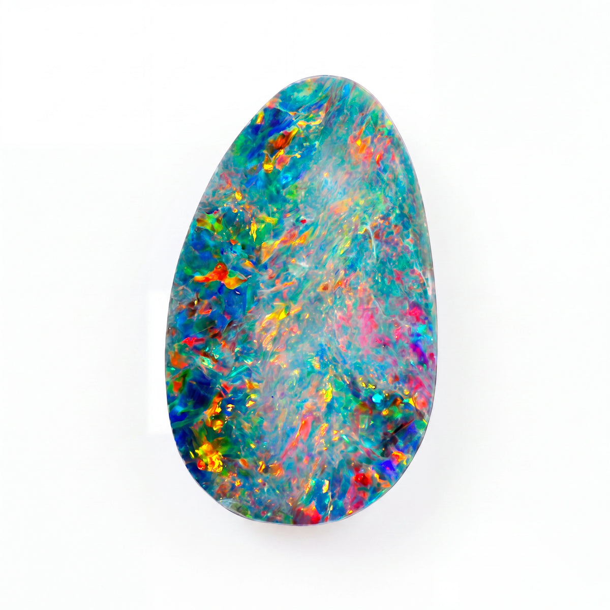 A teardrop-shaped natural opal gemstone displaying a vibrant mix of blue, green, orange, yellow, pink, and red iridescent colors on a solid white background.