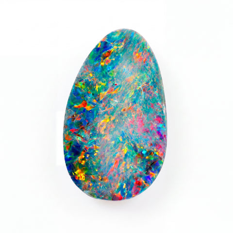 A teardrop-shaped natural opal gemstone displaying a vibrant mix of blue, green, orange, yellow, pink, and red iridescent colors on a solid white background.