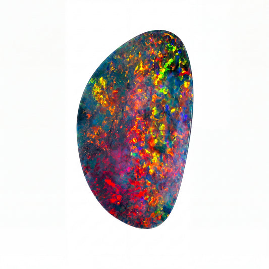 A polished natural opal gemstone with a highly iridescent, multicoloured play-of-colour pattern featuring red, orange, yellow, green, blue, and purple, isolated on a solid white background.