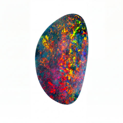 A polished natural opal gemstone with a highly iridescent, multicoloured play-of-colour pattern featuring red, orange, yellow, green, blue, and purple, isolated on a solid white background.