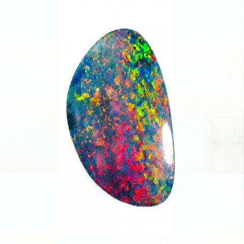A polished teardrop-shaped iridescent opal gemstone displaying a vibrant mix of blue, green, yellow, orange, and red colours on a plain white background.