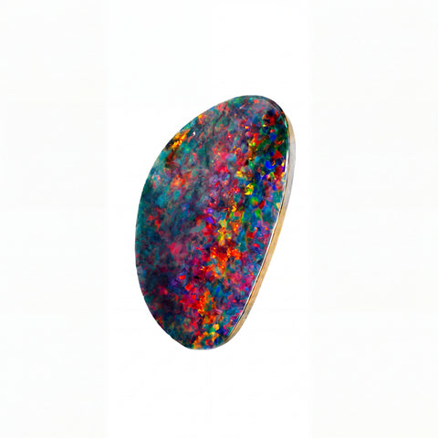 A teardrop-shaped opal gemstone with vibrant multicolour play-of-colour, set in a polished gold bezel, shown on a solid white background.