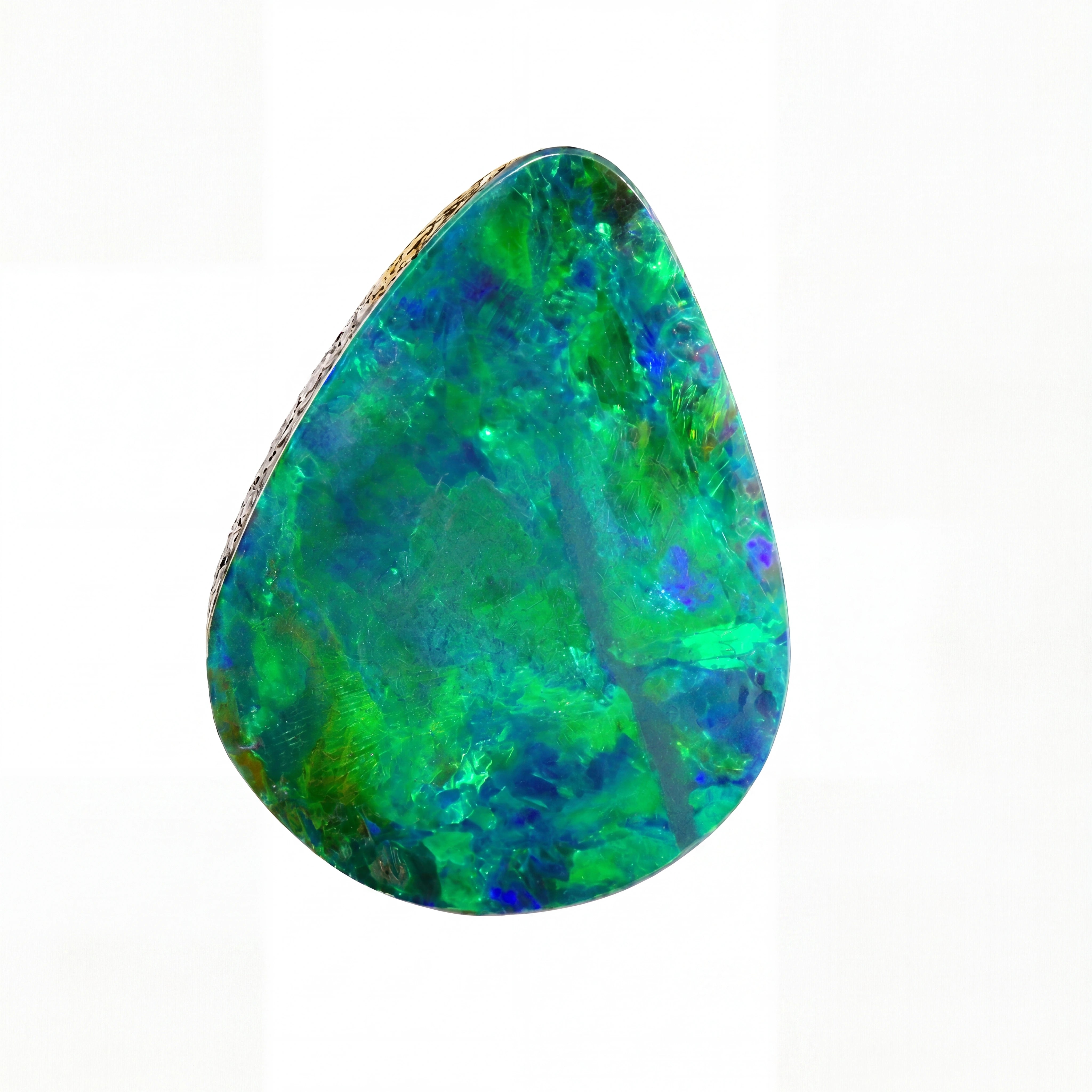 A teardrop-shaped opal gemstone with a vibrant play-of-colour pattern featuring green, blue, and purple hues, isolated on a solid white background.