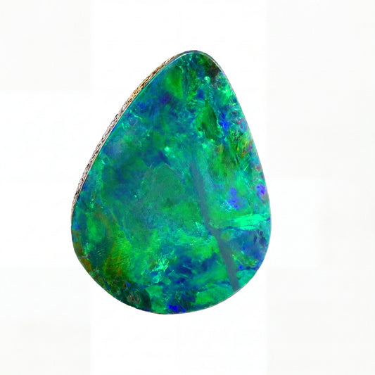 A teardrop-shaped opal gemstone with a vibrant play-of-colour pattern featuring green, blue, and purple hues, isolated on a solid white background.