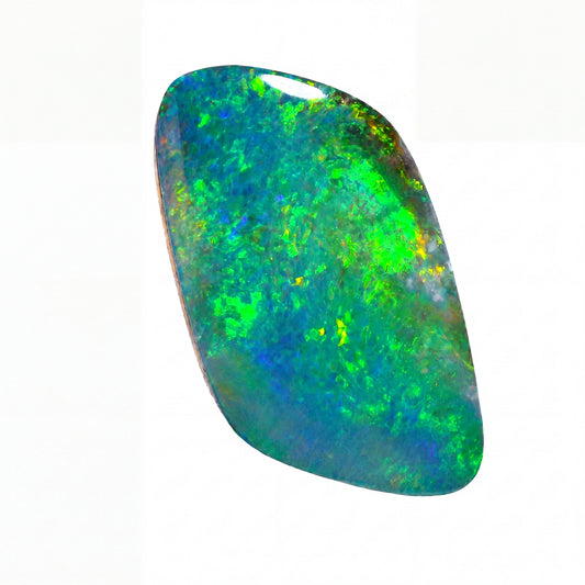 A polished cabochon opal gemstone with vibrant iridescent colours of green, blue, and hints of yellow and orange, set against a plain white background.
