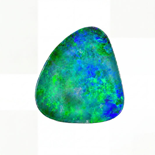 A polished teardrop-shaped opal gemstone displaying vibrant blue, green, and yellow flashes against a solid black background.